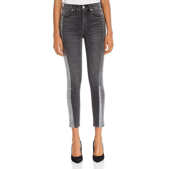 7 For All Mankind High-Waist Ankle Skinny Jeans in Metallic Glitter Tux Size 26 - Picture 1 of 9